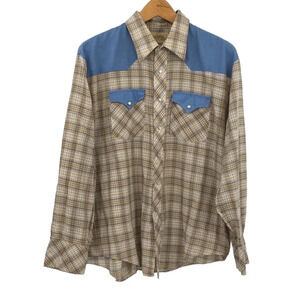 Gentry West Tan Blue Plaid Pearl Snap Western Shirt Mens XL‎ Vintage Long Sleeve